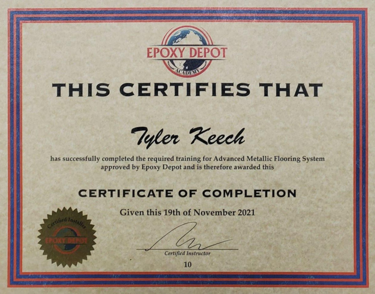 epoxy depot certificate tyler
